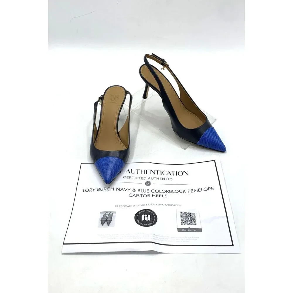 Tory Burch Navy & Blue Colorblock Penelope Cap-Toe Heels Size 7.5 With COA